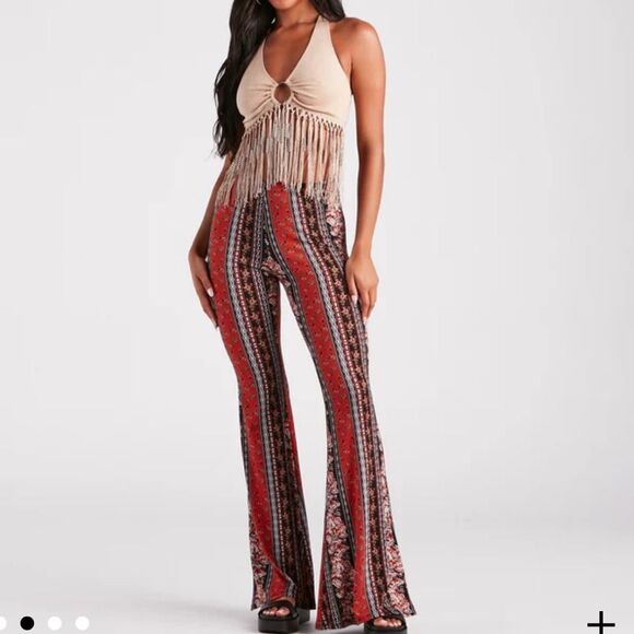New Multicolor Boho High Rise Flare Wide Leg Palazzo Pants Butter Soft - Picture 10 of 11